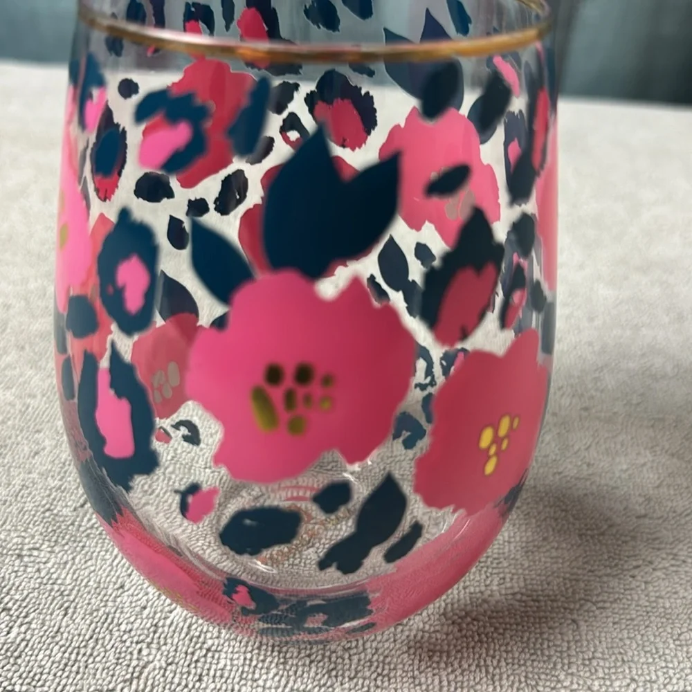 Mary Square Stemless Wineglass Pink Flowers Gold Rim 16oz